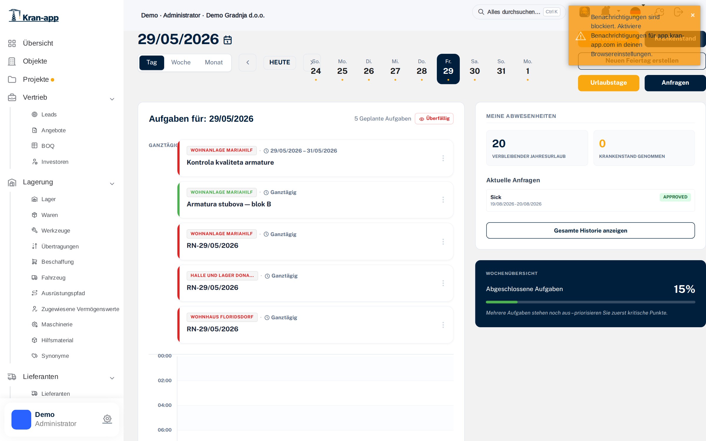 Arbeits- und Abwesenheitskalender in Kran-App