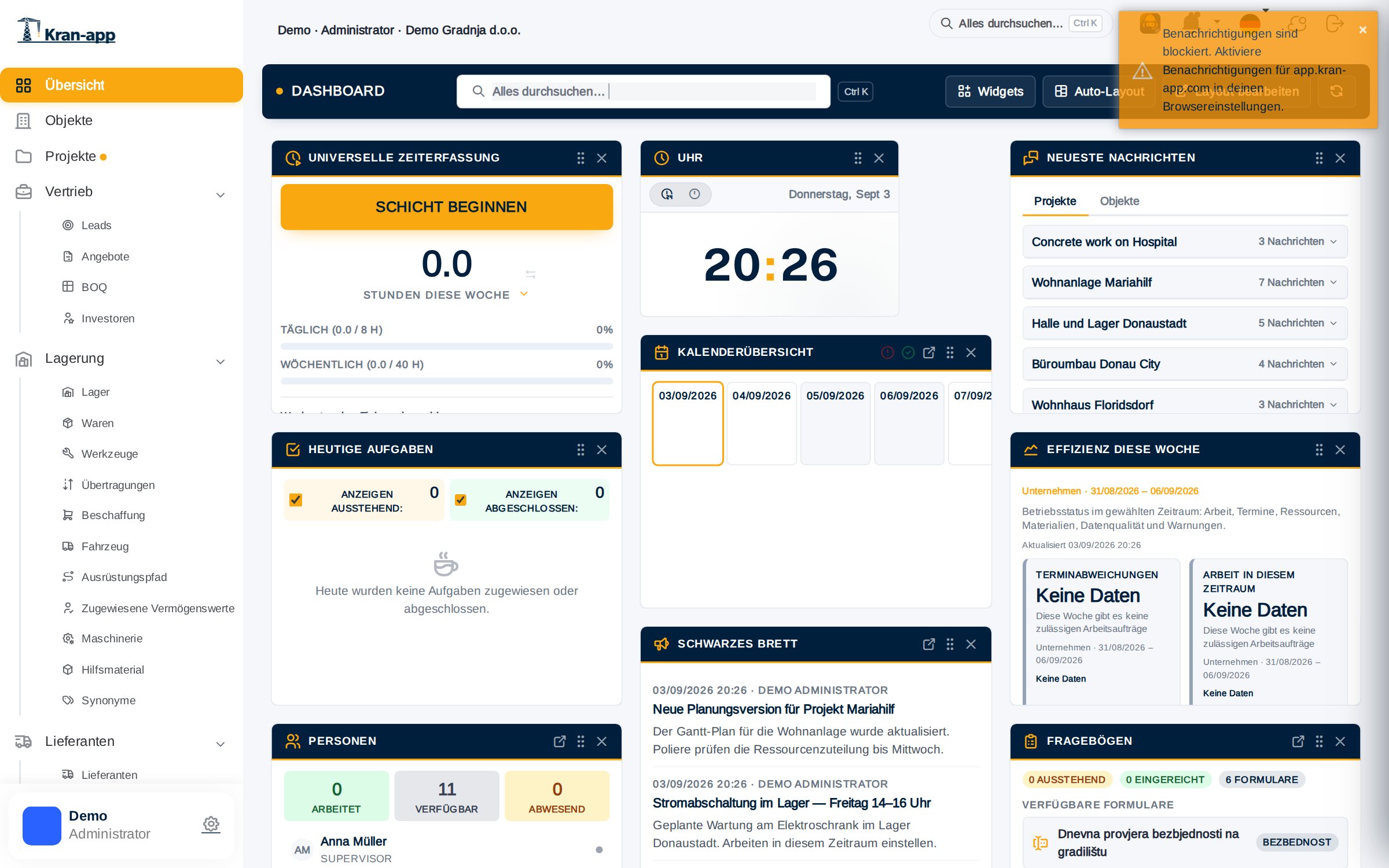 Echtes operatives Kran-App Dashboard