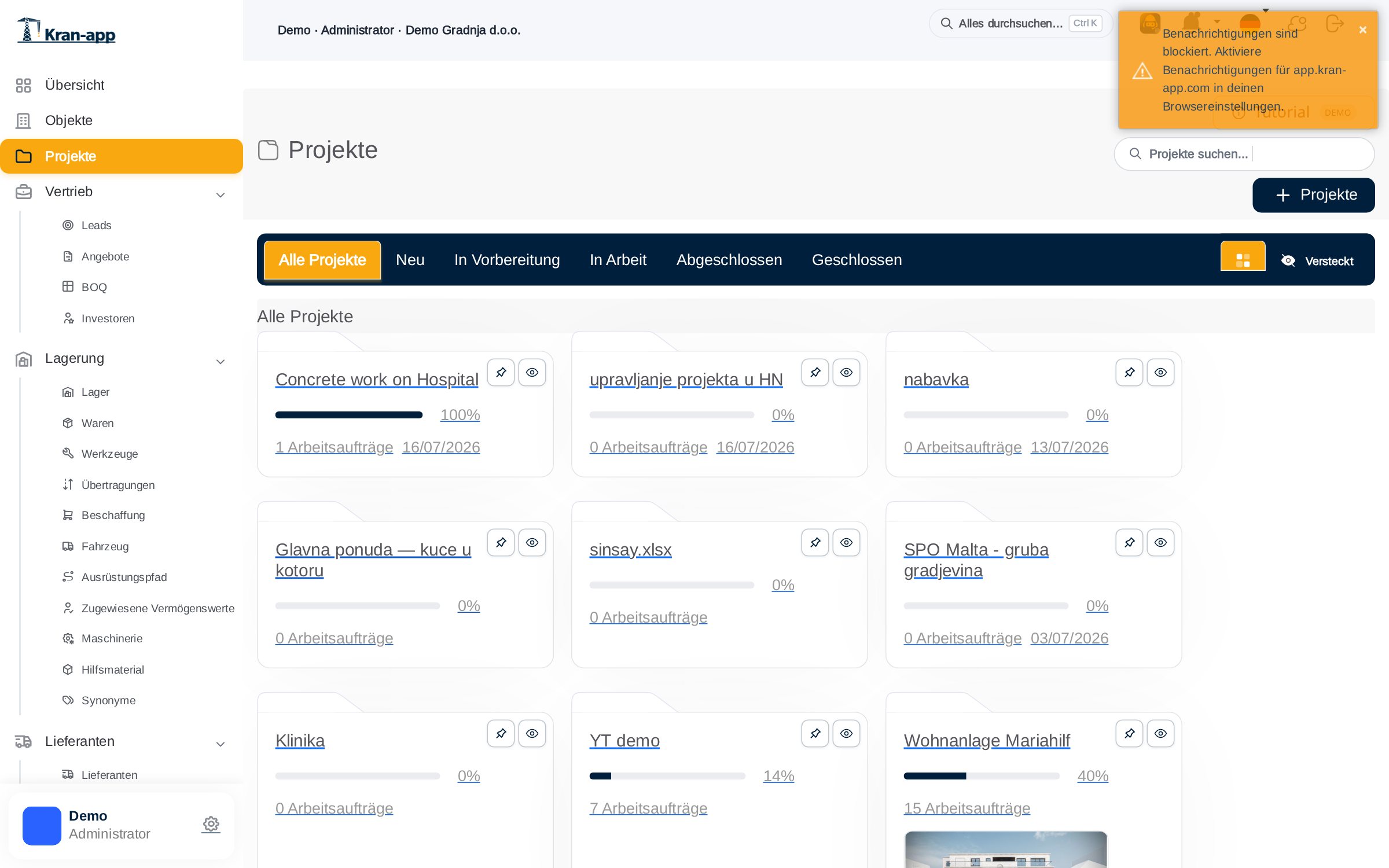 Liste echter Demo-Projekte in Kran-App