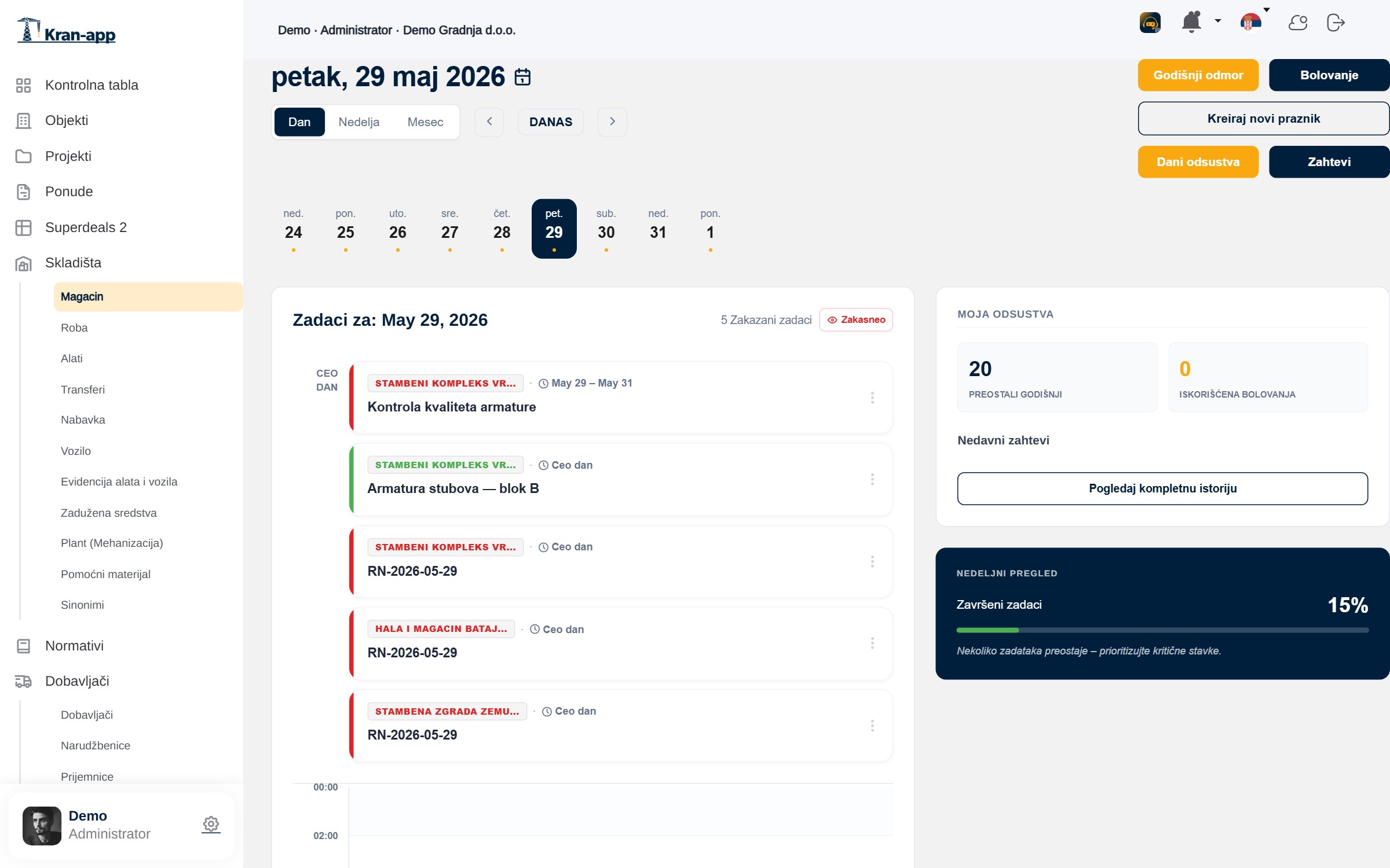 Kalendar rada i odsustava u Kran-App-u