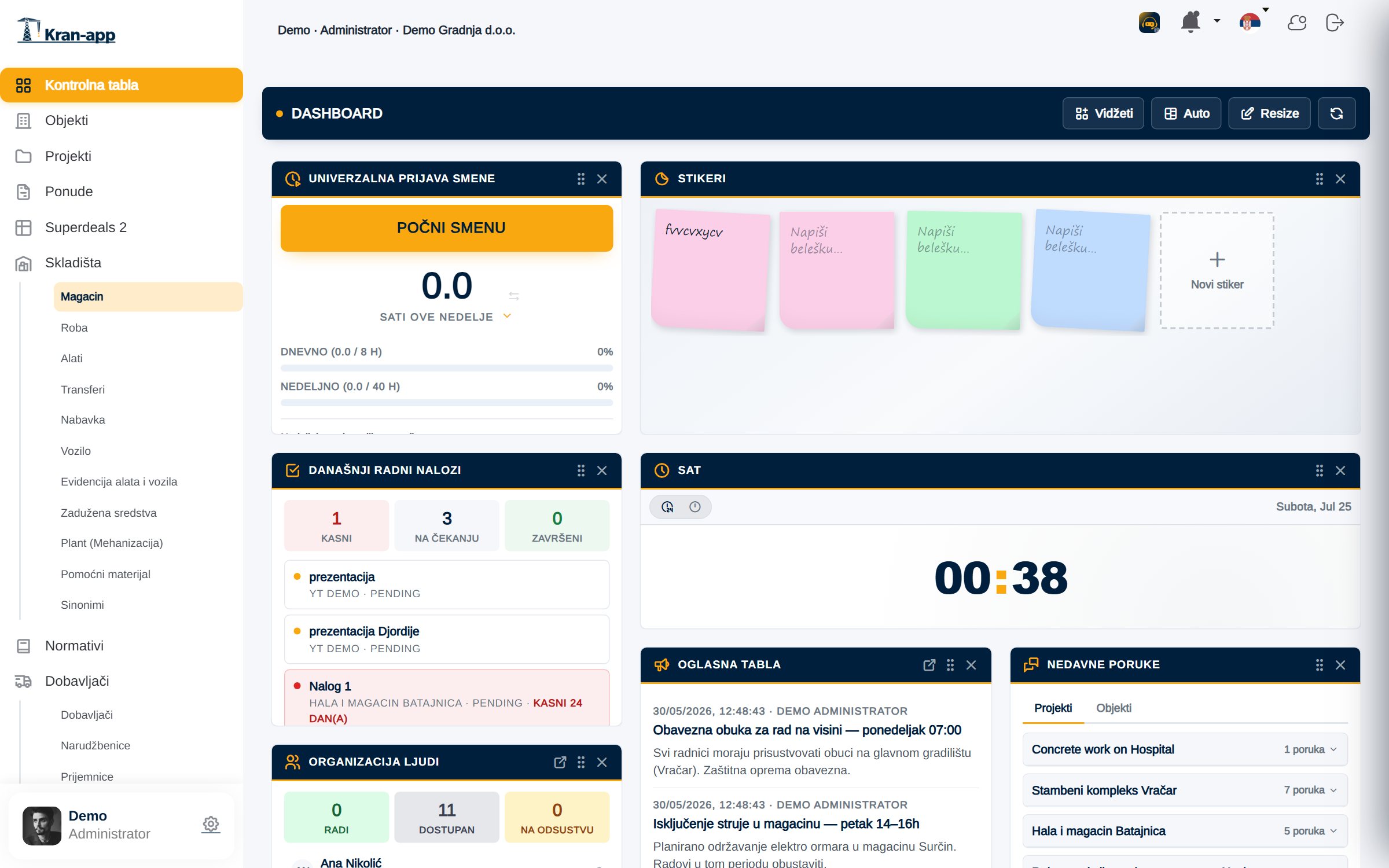 Stvarni Kran-App dashboard